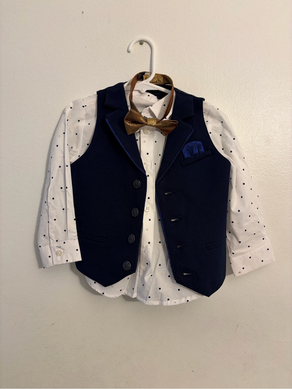Wonder Nation Navy Vest + White Polka Dot Shirt with Gold Bow Tie- Toddler Suit